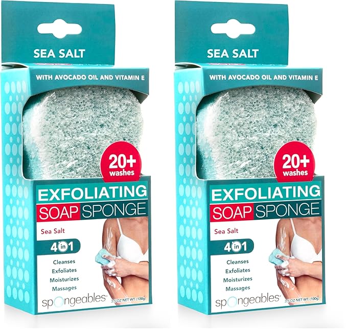 Spongeables Spongeables Exfoliating Body Wash in A Sponge, Sea Salt, Contains Avocado Oil and Vitamin E, Cleanse, Exfoliate, and Moisturize, 3.5 Oz, 20+ Washes, Pack of 2