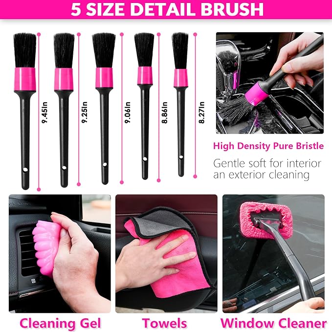 ThinkLearn Car Cleaning Kit with High Power Car Vacuum Detailing Kit | Cute Pink，Powerful 8000Pa Suction，15ft Long Cord，24piece Set，Interior Cleaning Deep Cleaning，Car Accessories Gift For Women