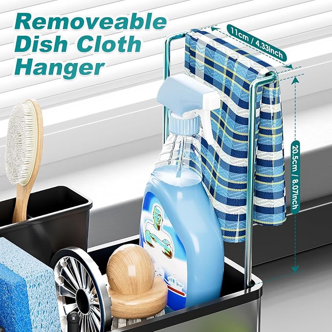 Ewaiira Stainless Steel Sink Caddy, Sponge Holder for Kitchen Sink with Brush Holder and Towel Rack, Sink Organizer for Countertop, Soap Kitchen Organizers Storage Essentials (A-Black)