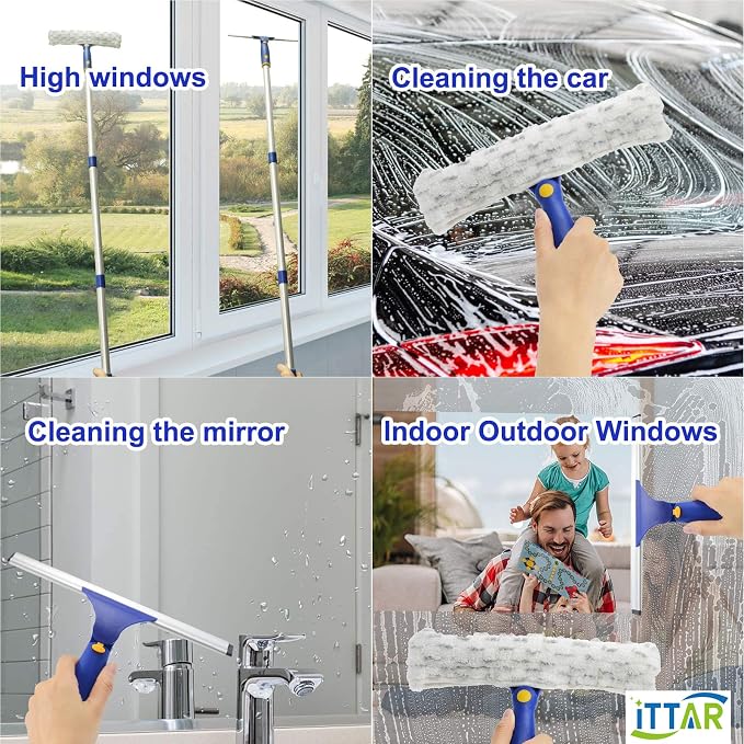 ITTAR Window Squeegee Cleaning Kit with 60" Extension Pole & Rotatable Head | 2 x 11" Microfiber Pads & 12" Rubber Blade Glass Washing Tool for High Window, Shower Doors, Car Windshields; Indoor, Outdoor