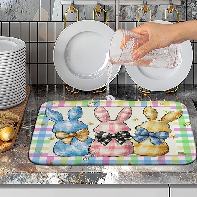 Easter Drying Mat for Kitchen Counter - 16x18 In, Multi-color (Buffalo Plaid), Microfiber & Composite Sponge, Cute Bunny Pattern, Absorbent Dish Drainer Mat