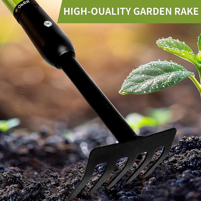 Small Garden Rake, 27-39" Telescopic Hand Cultivator | 5 Tine Metal Head, Adjustable Long Handle for Tight Spaces, Ergonomic Lawn Weeding Tool for Seniors Flower Beds Pots