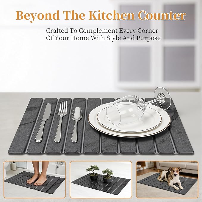Stone Dish Drying Mat for Kitchen - Diatomaceous Earth Drying Mats | Grey Color, Quick Dry Counter Mats, Foldable Design, Super Absorbent, (24"×16"/ 8"x4" / 1 Drain Rack) , for Dishes Cups