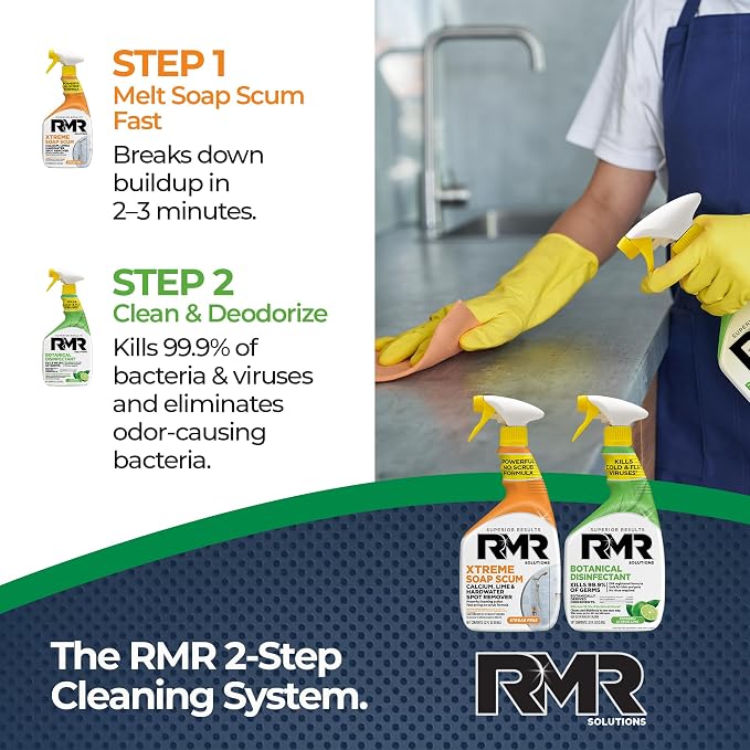 RMR Fresh Start System – Xtreme Soap Scum Remover + EPA-Registered Botanical Disinfectant Cleaner, Bathroom Cleaning & Disinfecting Bundle for Shower, Tub, Tile & Surfaces, 2–32 Oz Bottles