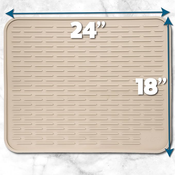 XXL Silicone Dish Drying Mat for Kitchen Counter or Under Sink, 24" x 18" Extra Large, Waterproof Pet Feeding Mat, Dog Food, Water Bowls, Under Drying Racks for Dishes, Coffee Bars, Bar Mats (Beige)