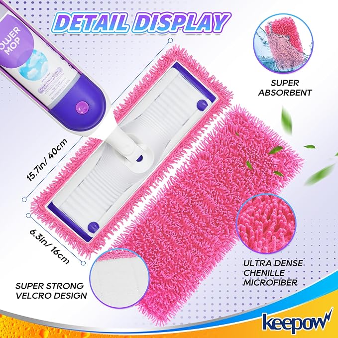 KEEPOW 4 Pink Reusable Mop Pads Compatible with Swiffer PowerMop | Mop Refill Pads Replacement for Swiffer Power Mop Spray Mop Pads for Multi-Surface Floor Cleaning