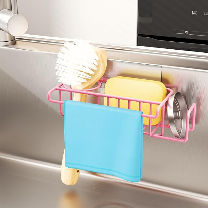 HapiRm Sink Caddy Sponge Holder - No Drill Sponge Holder for Kitchen Sink, Rustproof and Waterproof Kitchen Organizer - Pink