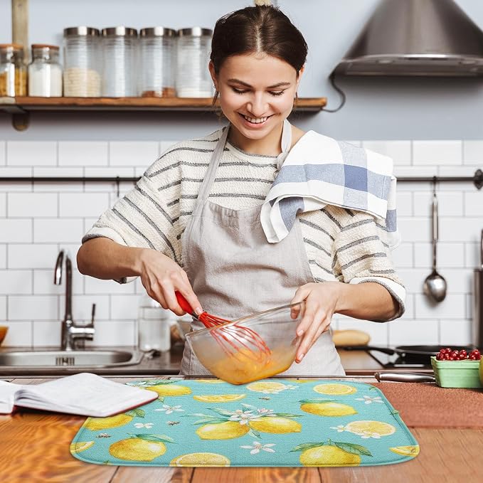 Sanwarm Absorbent Dish Drying Mat, Watercolor Lemons Yellow Fruit Lime Microfiber Pad for Kitchen Counter, Coffee Bar Decor, Heat Resistant and Reversible, 16" x 18"