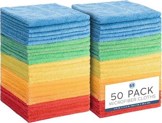 S&T INC. Microfiber Cleaning Cloth, Bulk Microfiber Towel for Home, Reusable and Lint Free Cloth Towels for Car, Assorted Colors, 11.5 Inch x 11.5 Inch, 50 Pack