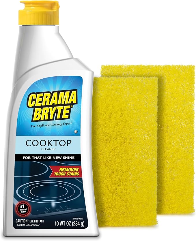 Cerama Bryte Combo Kit Pads & Removes Tough Stains Cooktop and Stove Top Cleaner for Glass - Ceramic Surfaces, 10 Ounces