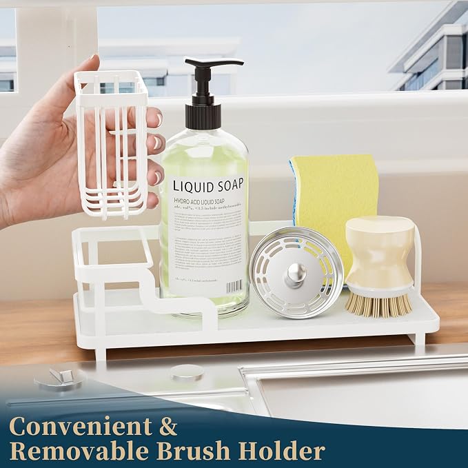 Consumest Sponge Holder for Kitchen Sink - Sink Caddy Organizer with Water Absorbing Stone Tray, Detachable Brush Holder, Stainless Steel Kitchen Counter Organizer Rack, White