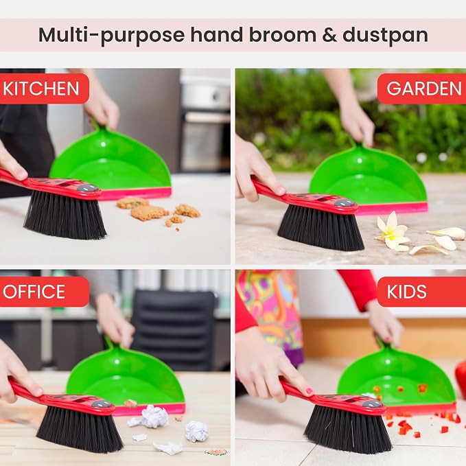 Vigar Flower Power Dust Pan and Brush Set, Green Red Black | Handheld Broom and Dustpan Set With Whisk Broom, Small Dustpan and Brush Set, Compact Indoor Sweeper for Countertop