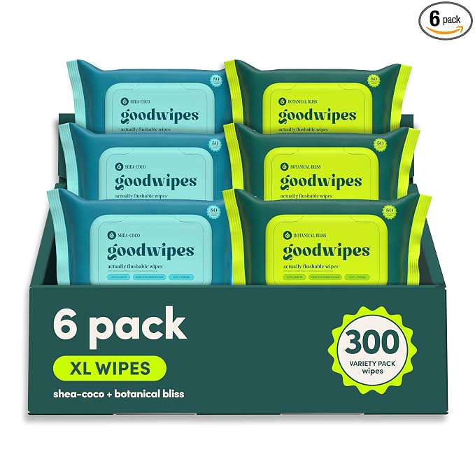 goodwipes Flushable Butt Wipes - Extra Large Adult Wet Wipes For Women & Men - Bathroom Essentials - Sewer & Septic Safe - Shea Coco & Botanical Bliss, 300 Count (6 Packs)