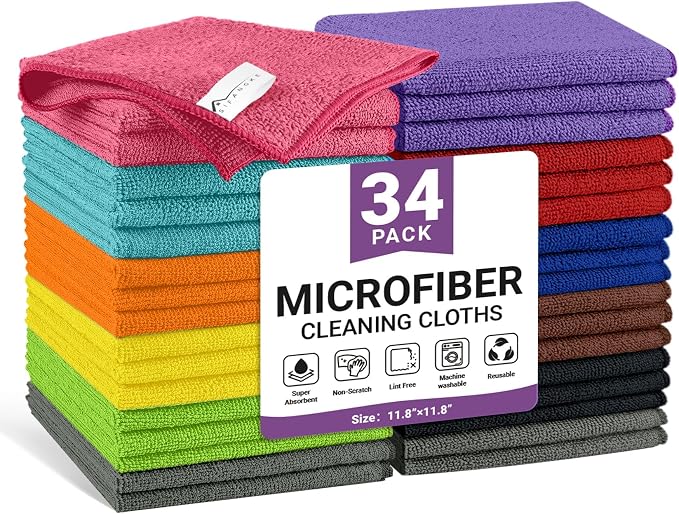 34 Pack Microfiber Cleaning Cloth, 11 Assorted Colors Cleaning Rags for Housekeeping, Colorful Reusable Microfiber Towels for Car, Kitchen, Bathroom and Household Cleaning Supplies, 11.8"X11.8"