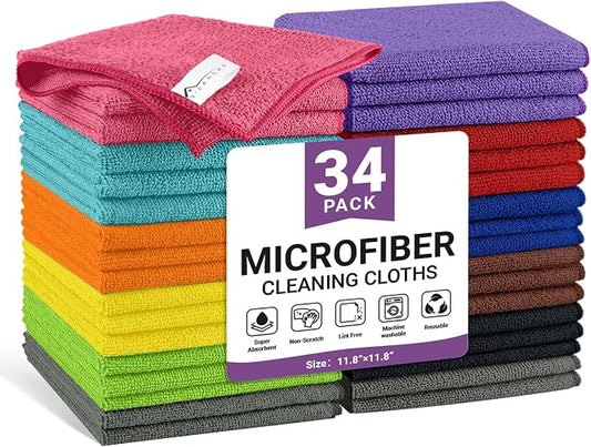 34 Pack Microfiber Cleaning Cloth, 11 Assorted Colors Cleaning Rags for Housekeeping, Colorful Reusable Microfiber Towels for Car, Kitchen, Bathroom and Household Cleaning Supplies, 11.8"X11.8"