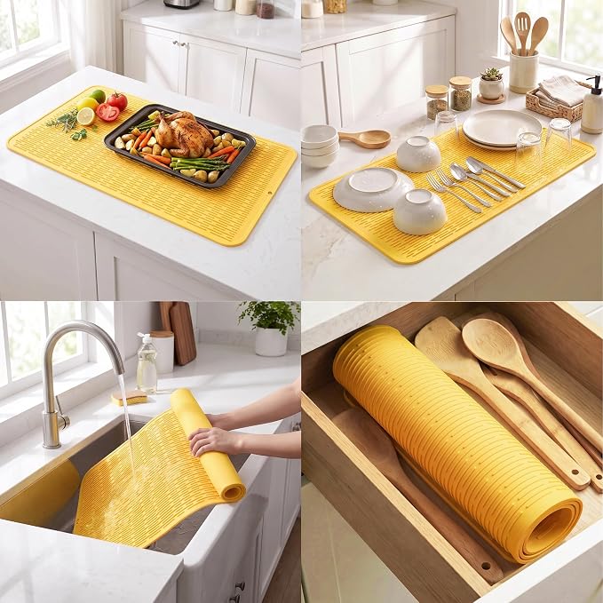 MicoYang Silicone Dish Drying Mat for Multiple Usage,Easy clean,Eco-friendly,Heat-resistant Silicone Mat for Kitchen Counter or Sink,Refrigerator or Drawer Liner Yellow 5XL 36inches x 18inches