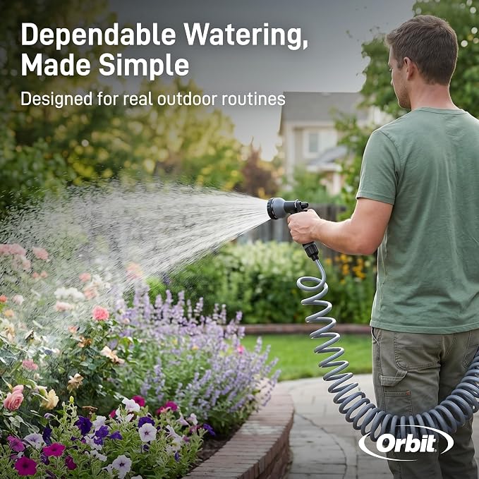 Orbit Coil Garden Hose with 8-Pattern Nozzle, 25 ft., Gray - 26382