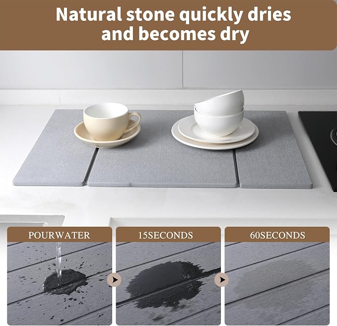 Foldable Stone Dish Drying Mat for Kitchen Counter, Diatomaceous Earth Drying Mat with Non-Slip Backing, Heat Resistant Multifunctional Mat for Kitchen & Bathroom, Instant water absorption-(24"×16")