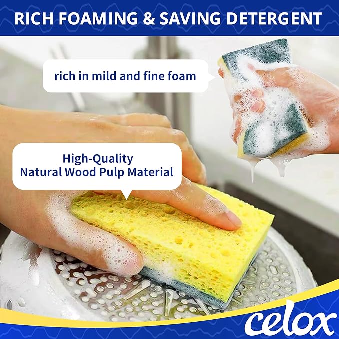 CELOX Sponges Kitchen Sponges for Dishes and Cleaning, 2-Sided Scrub Sponges Dish Sponge and Kitchen Sponge for Washing Dishes, Heavy Duty, Non-Scratch, Sinks, Household Use, Green and Yellow, 12-Pack