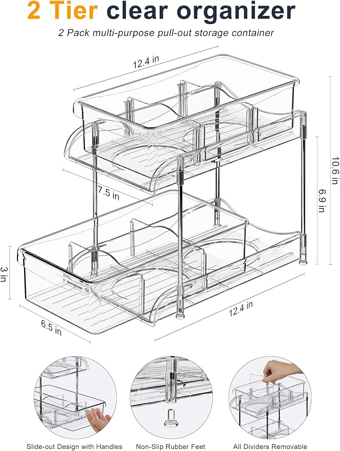 Sevenblue 2 Pack Under Sink Organizer with Sliding Drawers, Under Bathroom Cabinet Organizer with Hooks Hanging Cup, Multi-Purpose Storage Shelf for Kitchen Bathroom (Clear, 10.6 Inch)