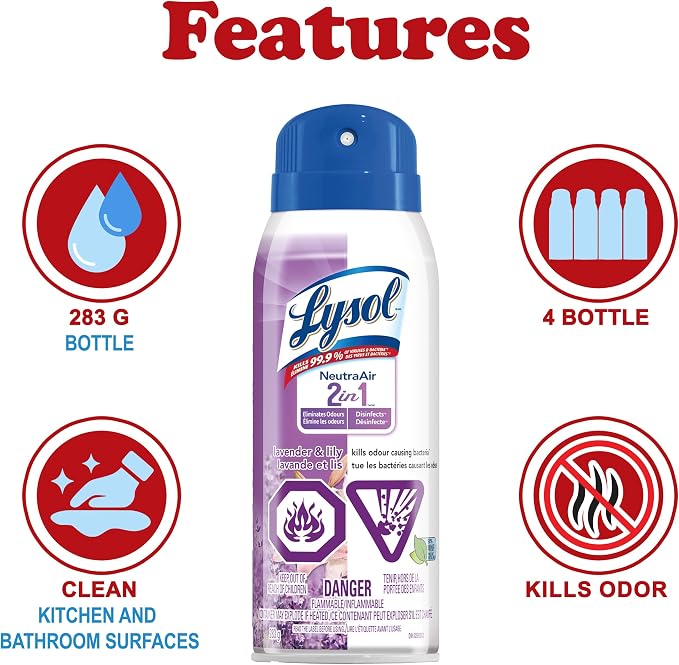Lysol Neutra Air 2 in 1 Disinfectant Spray, Lavender and Lily Scent, Eliminates Odors, 10 Ounces (Pack of 4)