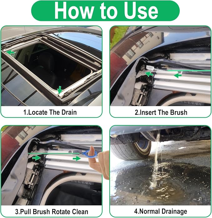 ecocstm Auto Sunroof Drain Cleaning Tool, 120 Inch Flexible Drain Brush | Sunroof Drain Cleaner with Pipe Cleaning Brush, Injector Hose and Crevice Brush, Cleaning Tool for Drains, Sewers, Windshield