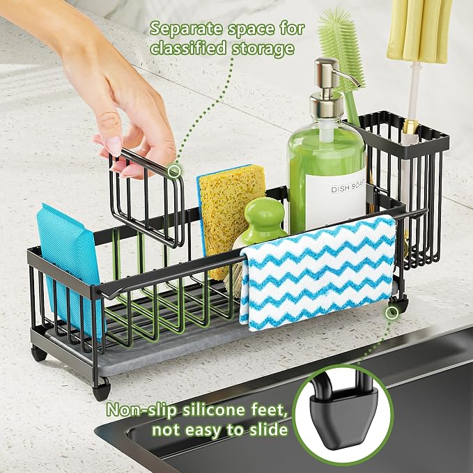 Cisily Large Sink Caddy Organizer with Towel Holder, Quick Dry Sponge Holder for Kitchen, Black Dish Brush Holder for Countertop, Kitchen Decor Storage and Essentials