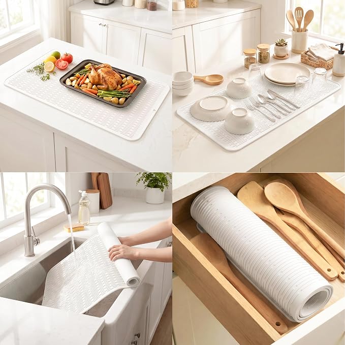 MicoYang Silicone Dish Drying Mat for Multiple Usage,Easy clean,Eco-friendly,Heat-resistant Silicone Mat for Kitchen Counter or Sink,Refrigerator or Drawer Liner White 5XL 36inches x 18inches