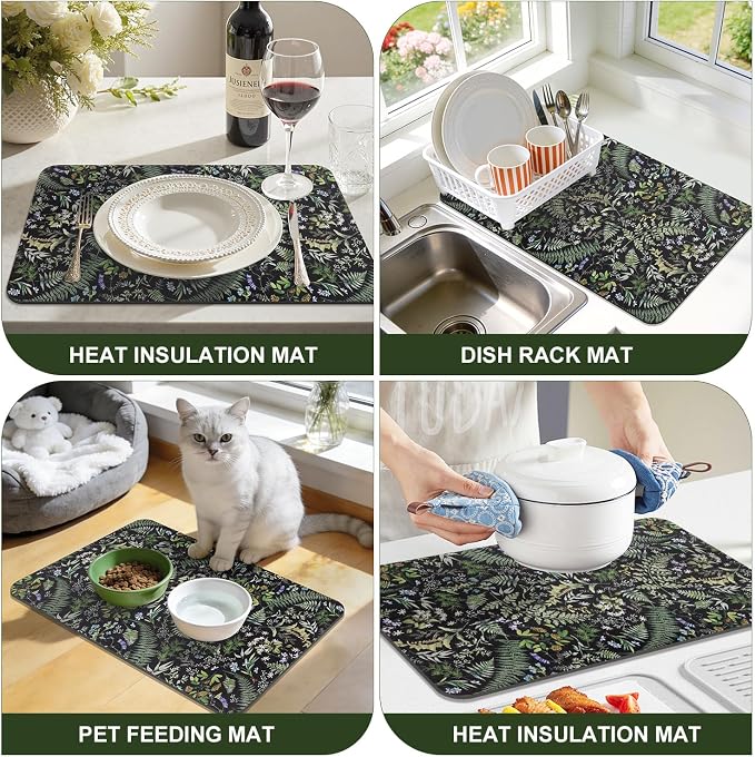 LOKHOM Dish Drying Mat for Kitchen Counter, 12"x20" Absorbent Coffee Bar Mat with Vintage Botanic Fern Leaves, Sage Green Plant Dish Drainer Rack Mat for Kitchen Counter
