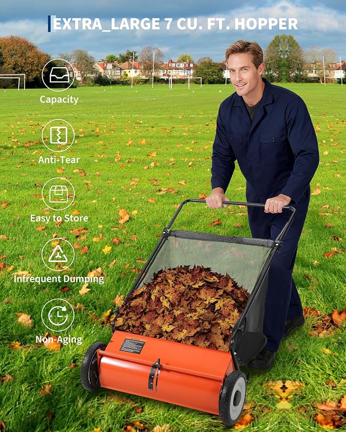 26-Inch Push Lawn Sweeper, Heavy Duty Stainless Steel Yard Sweeper with 4 Spinning Brushes, 7 Cu. ft. Large Capacity Hopper Bag, Adjustable Brush Height, Rubber Wheels for Leaves Grass Clippings