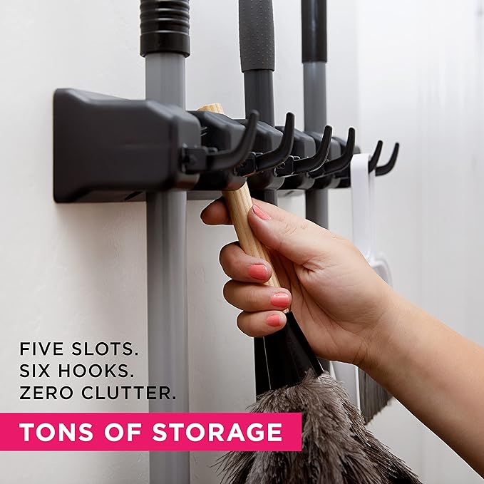 Combo 5 Slot Broom Holder w/ 1 Self Adhesive Mop Gripper No-Drilling, Wall Mount Tool Organizers For Kitchen, Garage, Laundry Room- Anti-Slip Hanger For Brooms, Mops, Rakes, Dustpans (Black / Black)