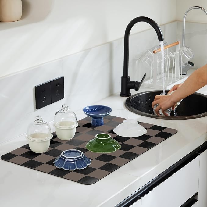 Ohocut Checkered Dish Drying Mat for Kitchen Counter, Coffee Bar Station Accessories, Retro Cute Aesthetic Modern Absorbent Drainer Mat Kitchen Drying Mat Easy Clean Brown, 24" x 16"