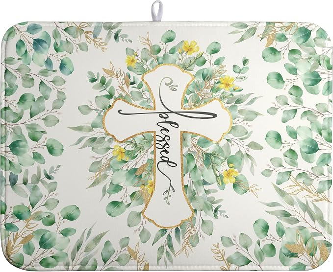 Spring Summer Cross Blessed Dish Drying Mats Spring Eucalyptus Leaves Dish Mat Drying Matt Floral Dishes Dryer Pad for Kitchen Counter Absorbent Microfiber Washable Foldable Reusable 18x24 in
