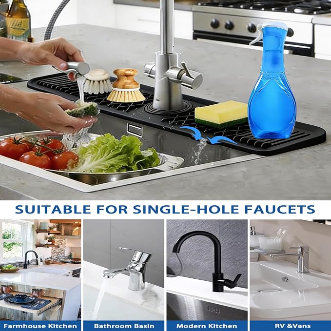 EBIGIC 24 Inch Silicone Faucet Mat for Kitchen Sink, 7° Slope Fast Self-Draining Sink Splash Guard, Kitchen Sink Water Catcher Organizer, Kitchen Sink Accessories (Black, 24''x5.6'')