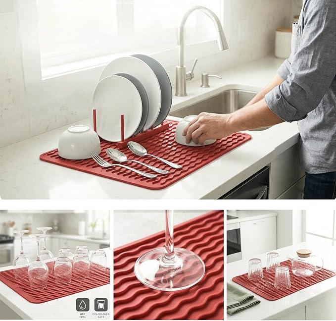 MicoYang Silicone Dish Drying Mat — Quick-Dry Ridges Counter & Sink Pad, Heat-Resistant Trivet to 450°F, Non-Slip & Dishwasher Safe, Roll-Up Storage, 18 Colors & 9 Sizes (Red, 16"×12")