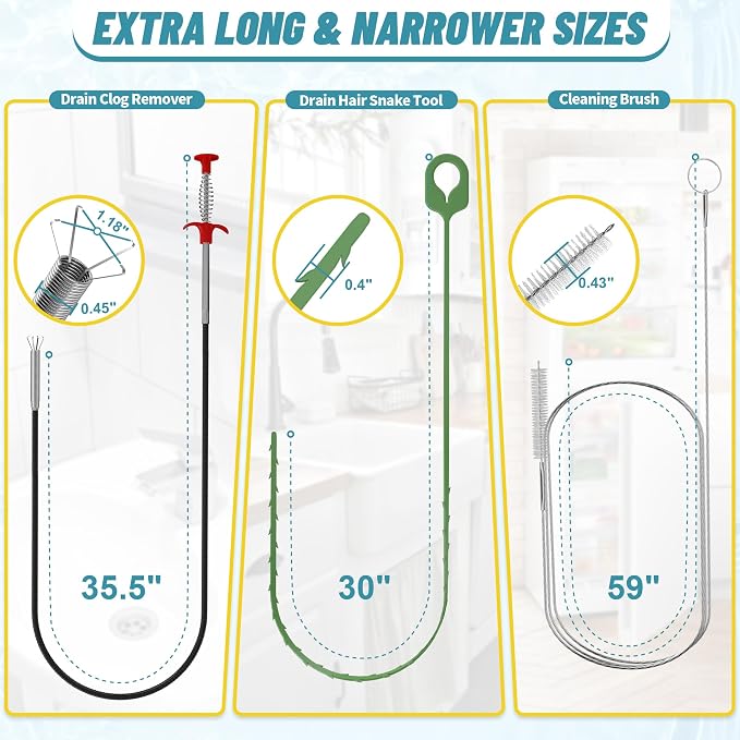 35.5 Drain Clog Remover Tool (1pc), 30 Inch Sink Snake Drain Tool (5 pcs) & 59 Inch Tube Drain Brush (3 pcs), Effective Hair Drain Clog Remover for Toilet, Kitchen Sink, Bathroom, Shower, Sewer