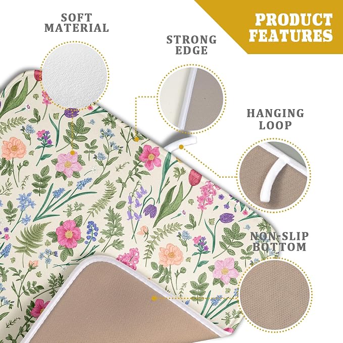 Spring Floral Dish Drying Mat for Kitchen Counter 16x18 Pink Sage Green Flower Vintage Botanical Print Absorbent Reversible Microfiber Drying Mats Kitchen Countertop Protector Dishes Drainer Rack Pad