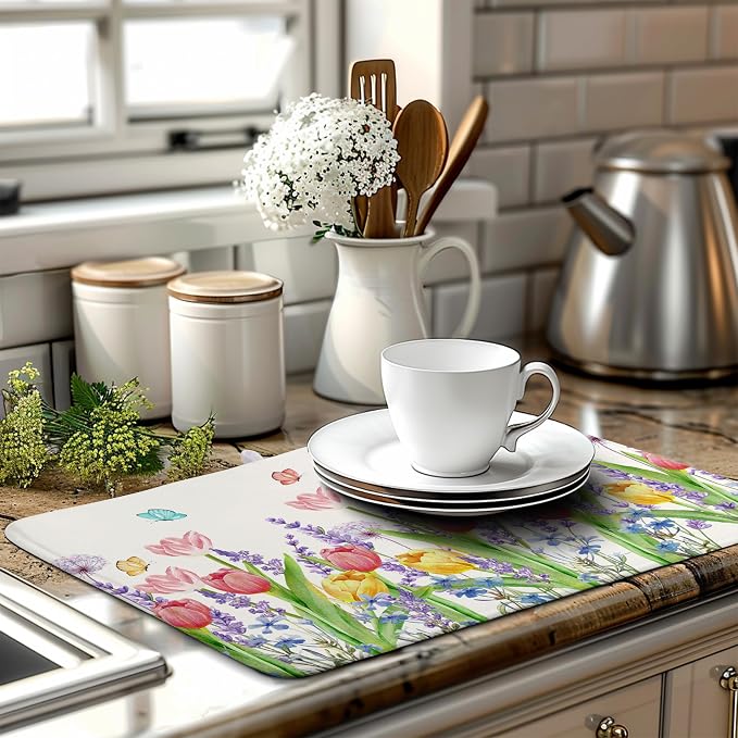 Spring Floral Dish Drying Mat for Kitchen Counter Tulip Lavender Flower Dishes Pad Absorbent Microfiber Dish Draining Mat Washable Dish Drainer Rack Mats Extra Large 18"x24"