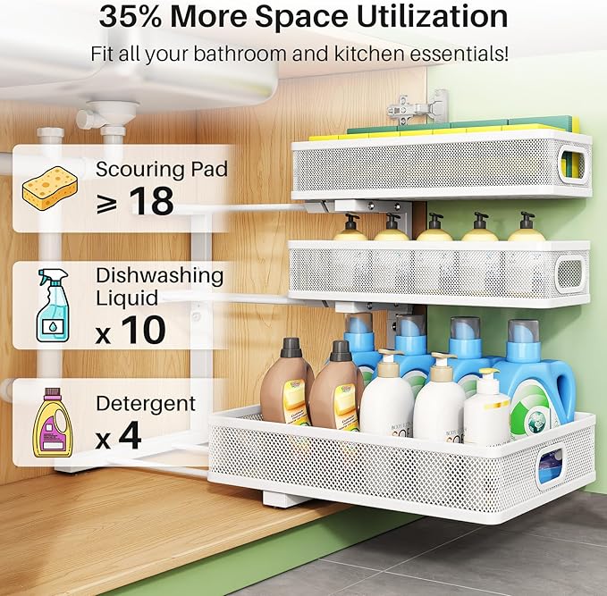 Kitstorack Under Sink Organizer, 2-Pack 3-Tier Height Adjustable Thickened Metal Pull out Cabinet Organizer Shelf, Slide out Storage Drawer Rack for Bathroom Kitchen Pantry Home Laundry Organization