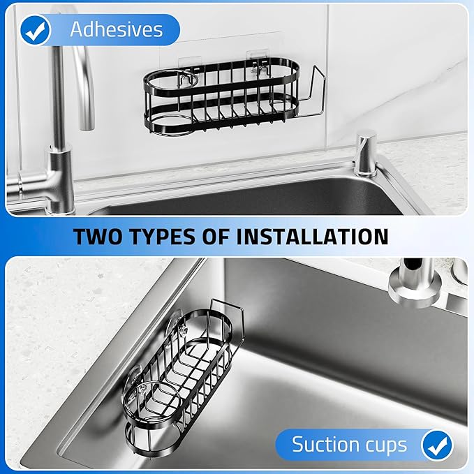 Cisily Sponge Holder Smiley Face, Sink Caddy for kitchen Sink, Kitchen Organizer Sponge Holder with 2 PCS Suction Cups and Adhesive Strips, Designed for Sponge, Soap, Dish brush, Scrubber-Black