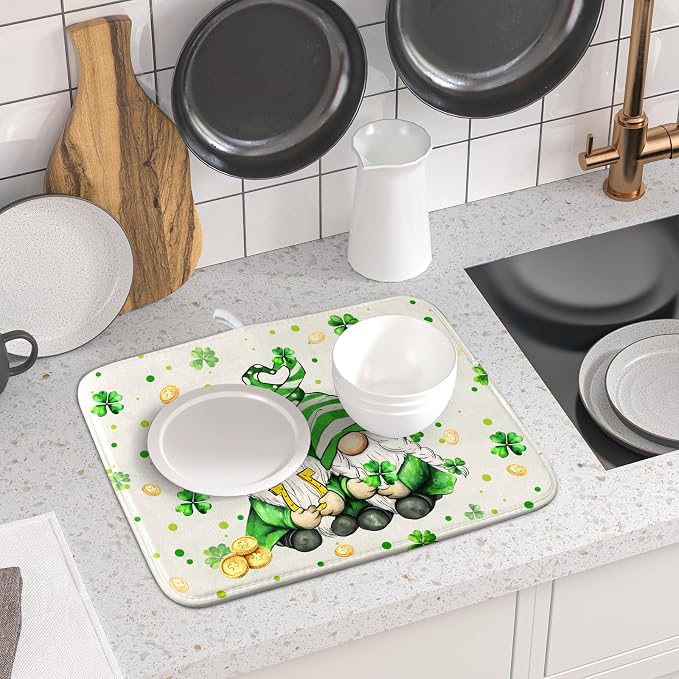 St Patrick's Day Gnome Dish Drying Mat 16x18 inch Lucky Shamrock Absorbent Reversible Dishes Drainer Rack Mat for Coffee Bar Kitchen Decor