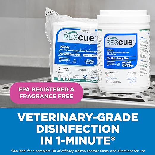 REScue One-Step Disinfectant Cleaner & Deodorizer Wipes for Vet Use – Cleaner for Kennels, Litter Boxes, Vet Offices, Pet Grooming Surfaces – Wipes Canister, 160-Count (12 Pack)
