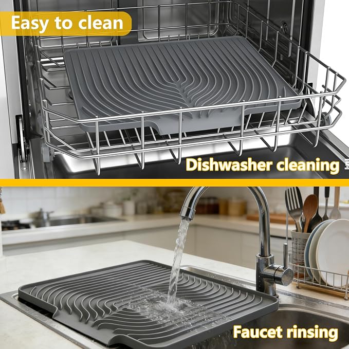 DIsh Drying Mat for Kitchen Counter , 20"×15.7" Dish Drying Rack (gray) | Various Sizes & Colors,Extra Large,Steep-Slope,Built in Drain,High-fin Ventilation,Food-grade Silicone,500F heat resistant