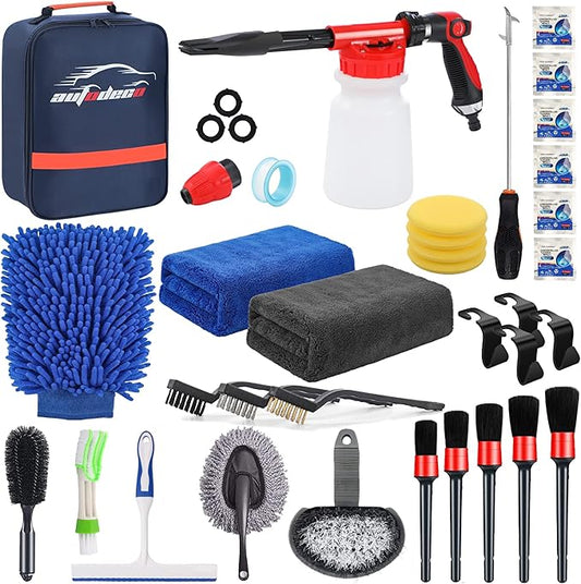 33Pcs Car Wash Detailing Kit Cleaning Kits with Foam Gun Sprayer Brush Large Wash Mitt Towels Complete Interior Exterior Car Washing Supply Set Blue
