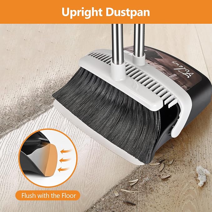 Folews Broom and Dustpan Set, Heavy Duty Dust Pan with Broom Combo Set | 51 Inch Long Handle, Upright Self-Cleaning, for Home Kitchen Lobby Indoor Outdoor Sweeping Cleaning Tool, Gray