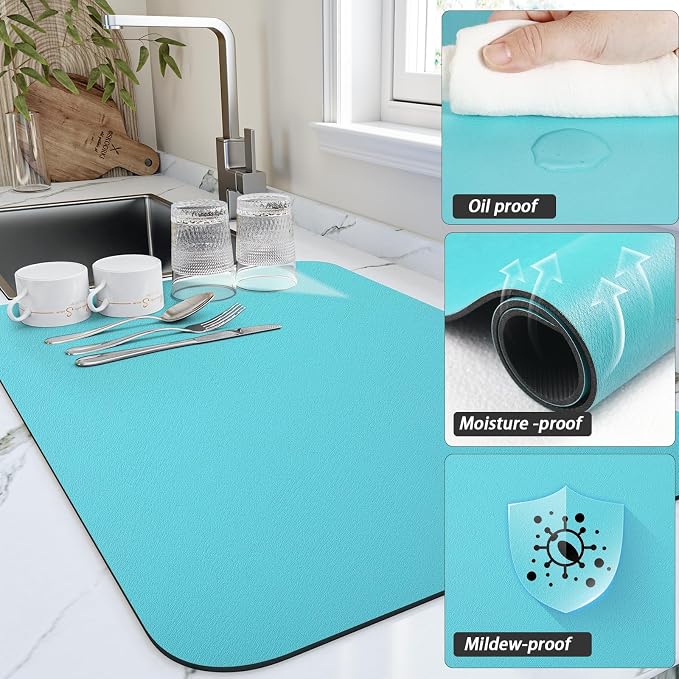 HotLive Dish Drying Mat for Kitchen Counter, Heat Resistant Drainer Mats with Non-slip Rubber Backed, Hide Stain Kitchen Super Absorbent Draining Mat, Easy to Clean Dish Rack Pad, Teal 16"x20"