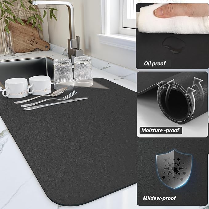 HotLive Dish Drying Mat for Kitchen Counter, Heat Resistant Drainer Mats with Non-slip Rubber Backed, Hide Stain Kitchen Super Absorbent Draining Mat, Easy to Clean Dish Rack Pad, Black 18"x32"