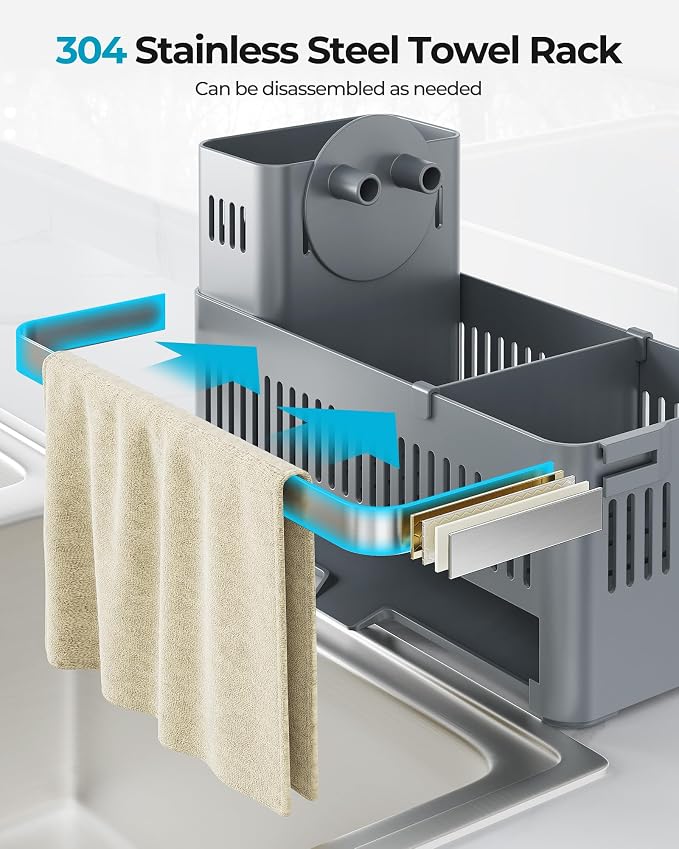Nieifi Sponge Holder – Grey ABS Rust Sink Caddy with Towel Rack, 10.12" | Smiley sponge & brush holders with drainage to keep items dry. 4.5-inch depth. Kitchen counter organizer & essential storage.