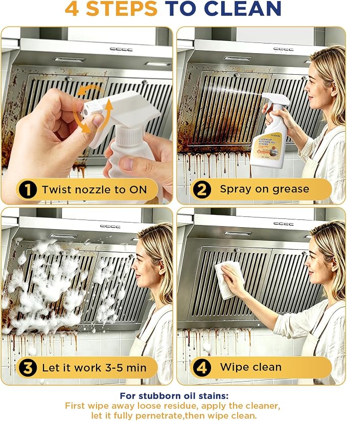 Heavy Duty Kitchen Degreaser Spray, All-Purpose Grease Cleaner for Range Hood, Stove, Countertop, Microwave & Backsplash, Non-Corrosive Safe Formula with Foam Sprayer, 16.9 Fl Oz * 2PCS