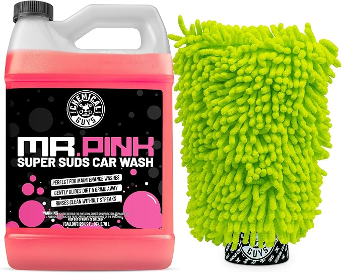 Chemical Guys, Mr. Pink Car Wash Soap 1 Gallon with Wash Mitt | High-foaming Mr. Pink car wash soap with a chenille microfiber wash mitt; slick, scratch-free washing for cars and trucks.